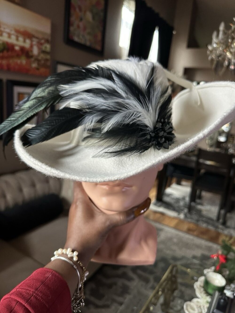 Vintage White Leslie James Wide Brim Sinamay Feathers Kentucky Derby Church Hat